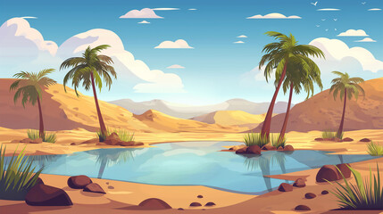 Obraz premium The Sandy desert with small lake under palm trees, game background, Illustration