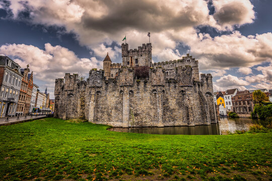 Ghent - November 5th 2022: The epic Medieval castle of  Gravensteen in Ghent, Belgium