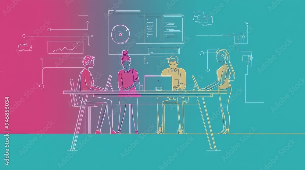 Poster a team of four individuals collaborate around a table, working on laptops and reviewing data on a sc