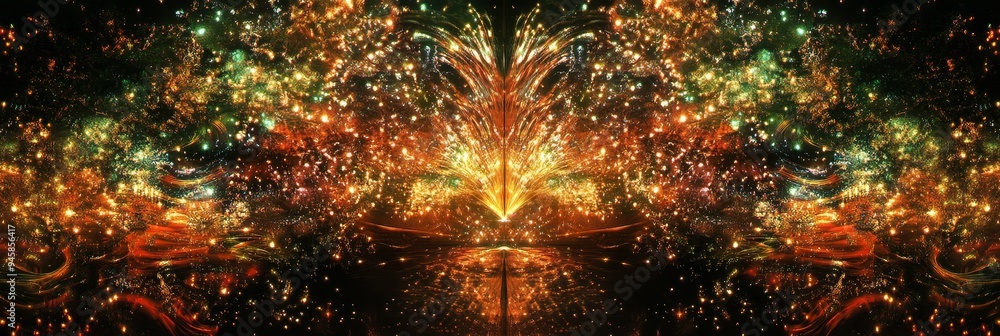 Poster a vibrant abstract image of a symmetrical firework display. the image is filled with bright colors a