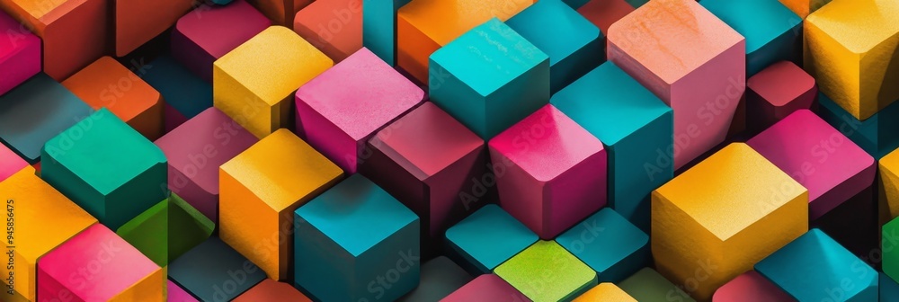 Poster a vibrant and dynamic abstract geometric pattern composed of colorful cubes stacked in a seemingly r