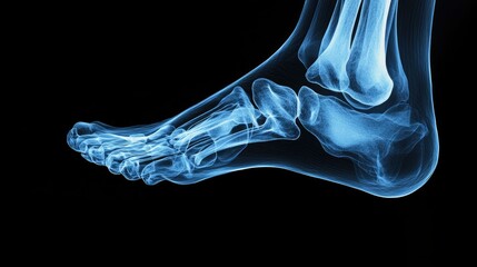 Naklejka premium Medical x-ray image of a foot, highlighting skeletal structure and bone alignment.