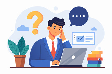 Contemplation, doubt or unsure, curiosity thinking to solve problem, question in the head, uncertainty or confusion, decision concept, businessman thinking on computer laptop with doubt question mark.