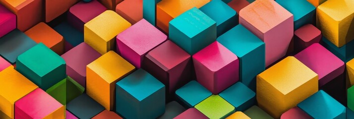 Obraz premium A vibrant and dynamic abstract geometric pattern composed of colorful cubes stacked in a seemingly random yet harmonious arrangement. This pattern symbolizes creativity, diversity, innovation, and the