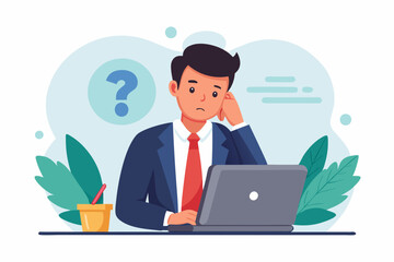 Contemplation, doubt or unsure, curiosity thinking to solve problem, question in the head, uncertainty or confusion, decision concept, businessman thinking on computer laptop with doubt question mark.