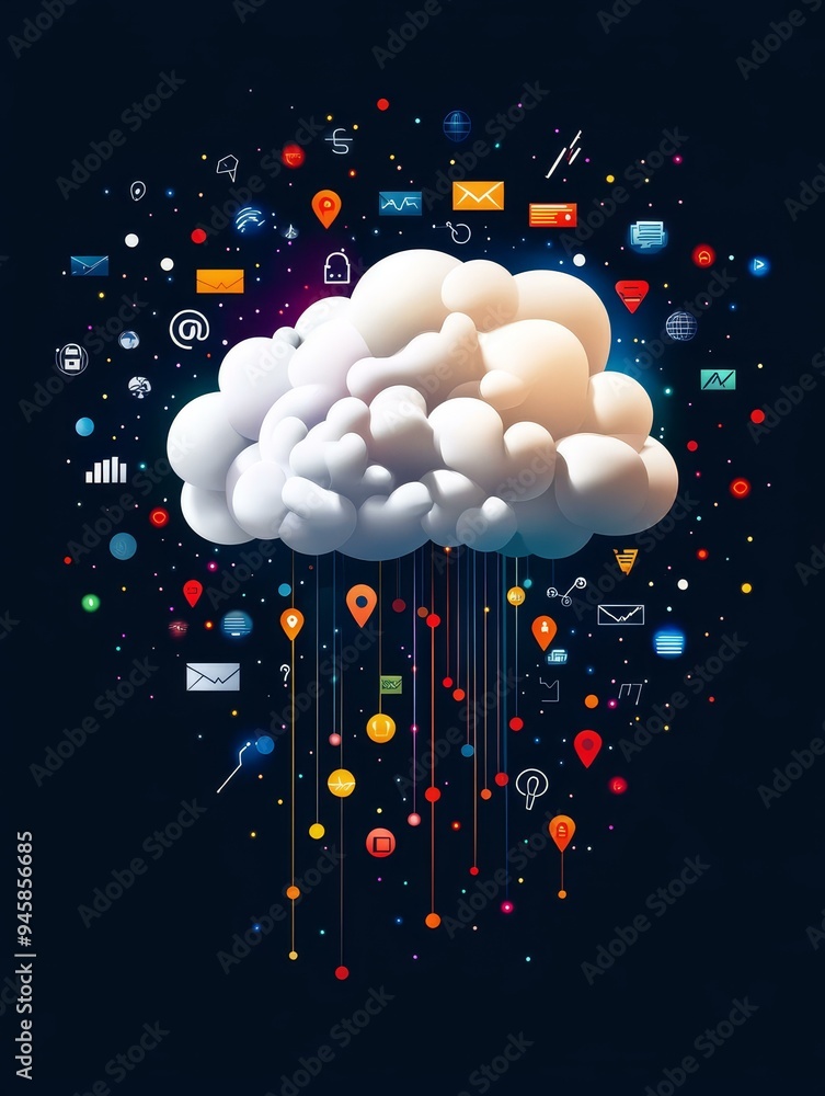 Poster a vibrant illustration depicting a cloud with colorful strings connecting to various digital icons s