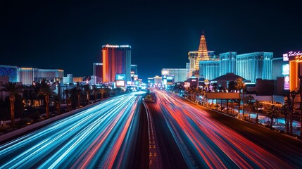 Fototapeta premium A vibrant panorama of the Las Vegas skyline at night, showcasing the iconic architecture illuminated by dazzling lights. The photo captures the bustling energy of the city, with streaks of light from 