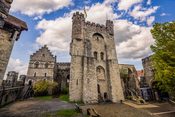 Ghent - November 5th 2022: The epic Medieval castle of  Gravensteen in Ghent, Belgium