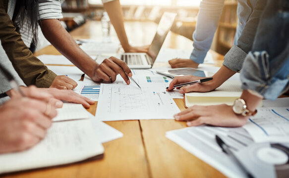 Business people, collaboration and paperwork with hands, statistics and social media trends. Office, writing and review of content creation team with SEO and target audience info for web update