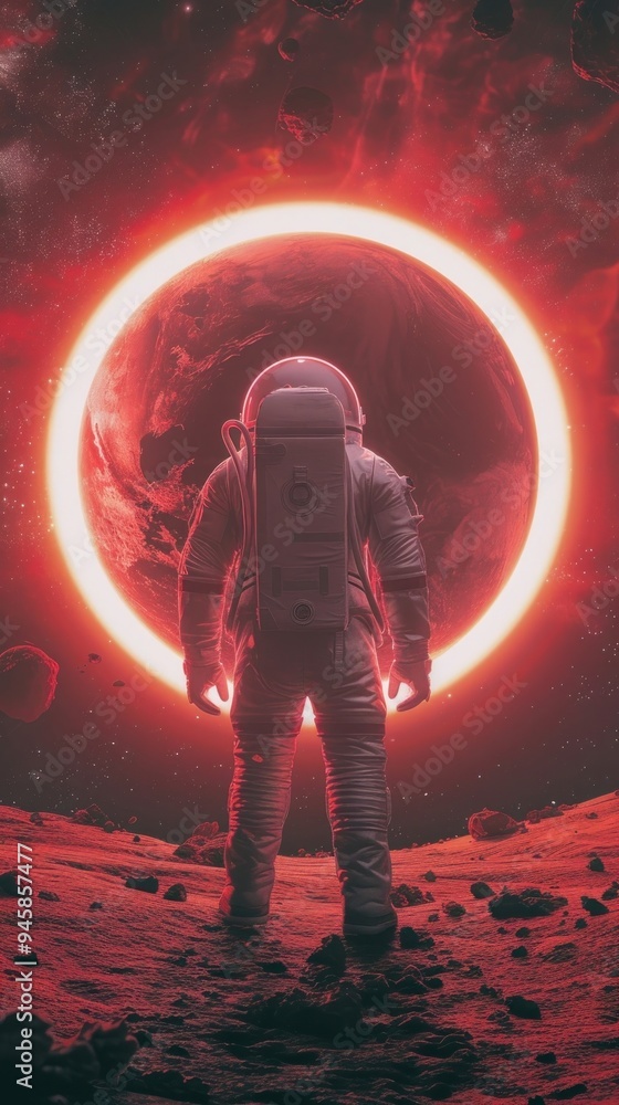 Poster minimal space astronaut on foreign planet in front of spacetime portal light astronomy astronaut sta