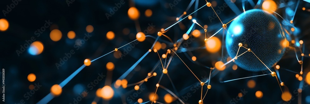 Poster abstract representation of data particles connected by glowing lines, symbolizing interconnectedness