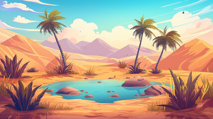 Obraz premium The Sandy desert with small lake under palm trees, game background, Illustration