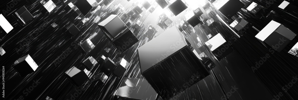 Poster an abstract composition of monochrome cubes suspended in digital space, symbolizing concepts of data