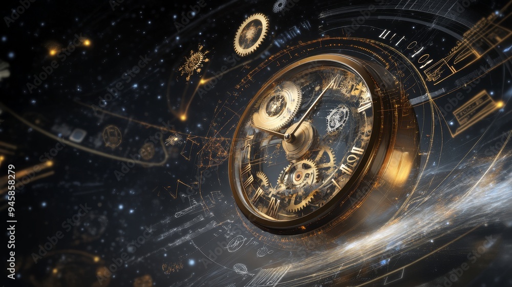 Aufkleber an abstract clock with intricate gears made of different languages and symbols, floating in a cosmic