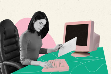 Creative collage picture young woman worker diligent profession secretary occupation responsibility...