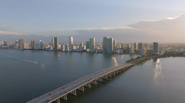 Aerial view of biscayne bay with julia tuttle causeway and miami skyline, miami, florida, united states.