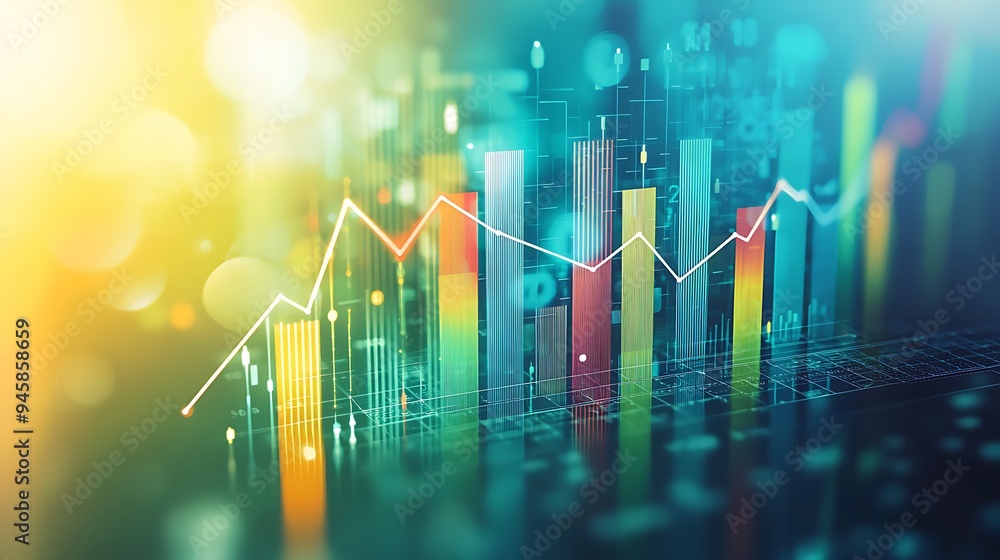Poster an abstract financial chart with bar and line graphs set against a blue backdrop.