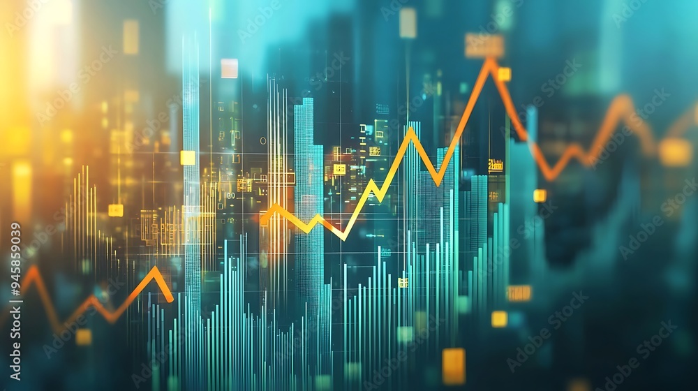 Poster a financial growth background merging cityscapes with abstract data charts.