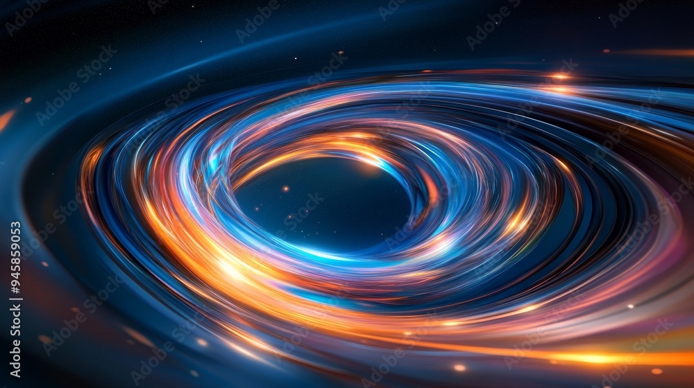 Poster this abstract image features a swirling vortex of light and color in a deep blue space. the swirling