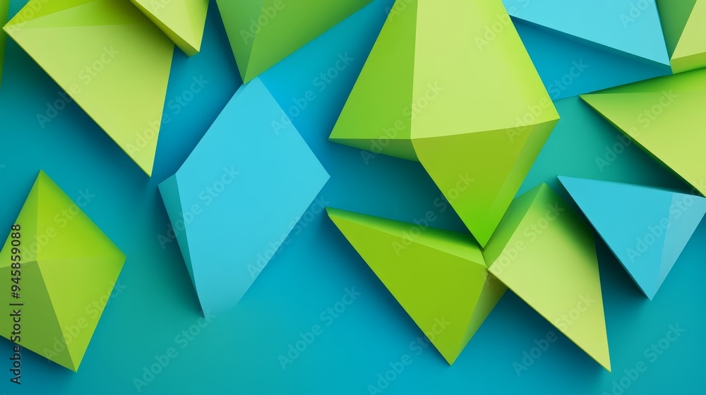 Poster this abstract image features a vibrant green and blue color scheme, with various triangular shapes f