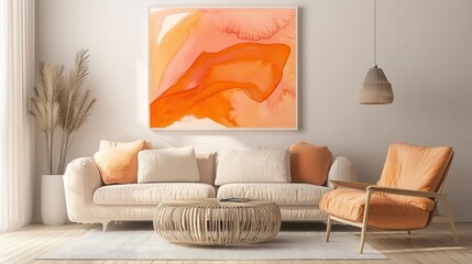Abstract orange watercolor painting on wall in modern living room interior