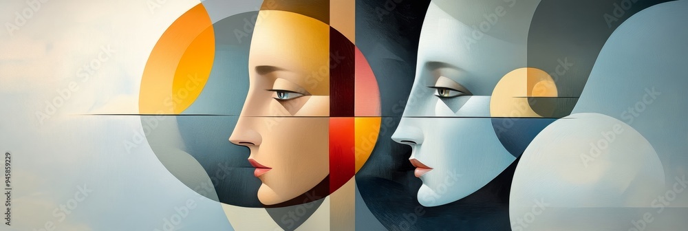 Poster this artistic image features an abstract composition of two faces, one with a warm color palette and