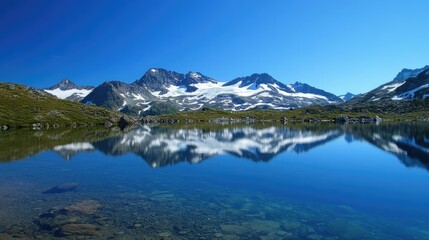 Snow-capped mountains reflected in a clear, still alpine lake under a bright blue sky.