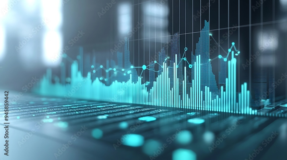Poster an abstract futuristic data visualization with blue and green bar graphs.
