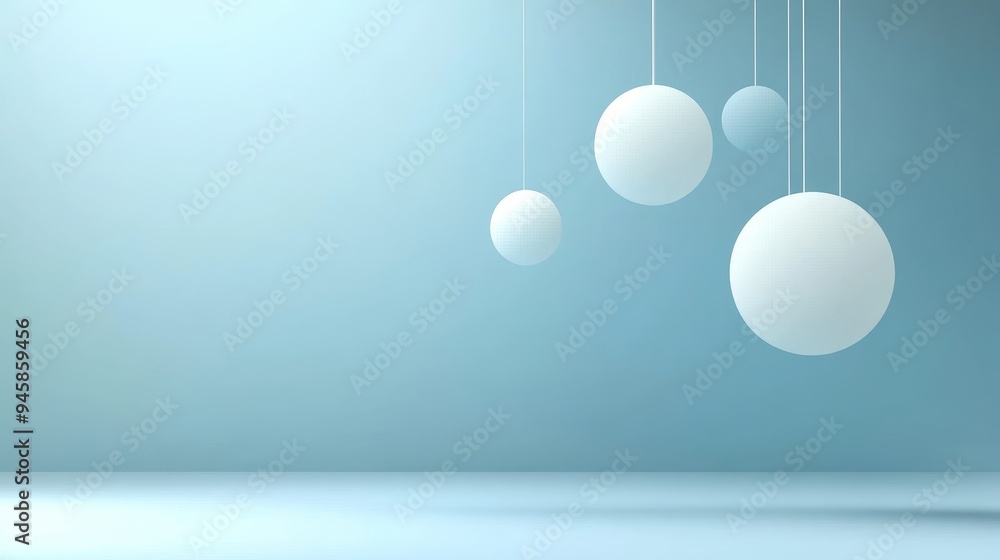 Poster this minimalist image features a light blue background with four white spheres hanging from the ceil