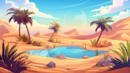 Obraz premium The Sandy desert with small lake under palm trees, game background, Illustration