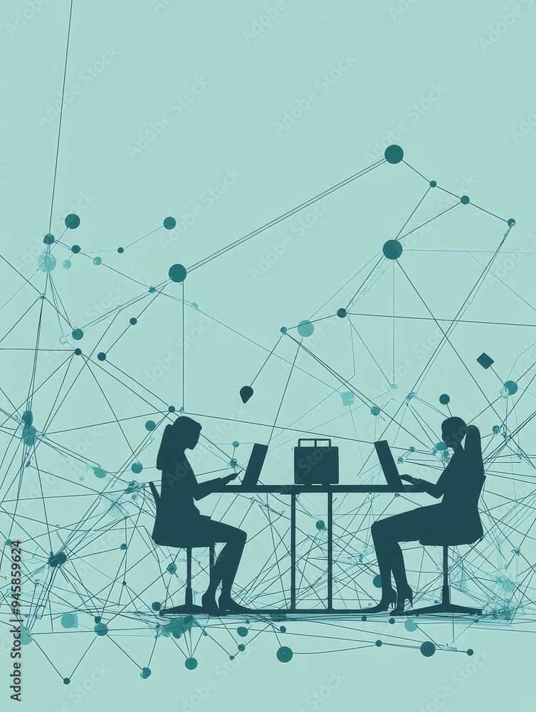 Poster two businesswomen are working together on a data security project. they are sitting at a table with 