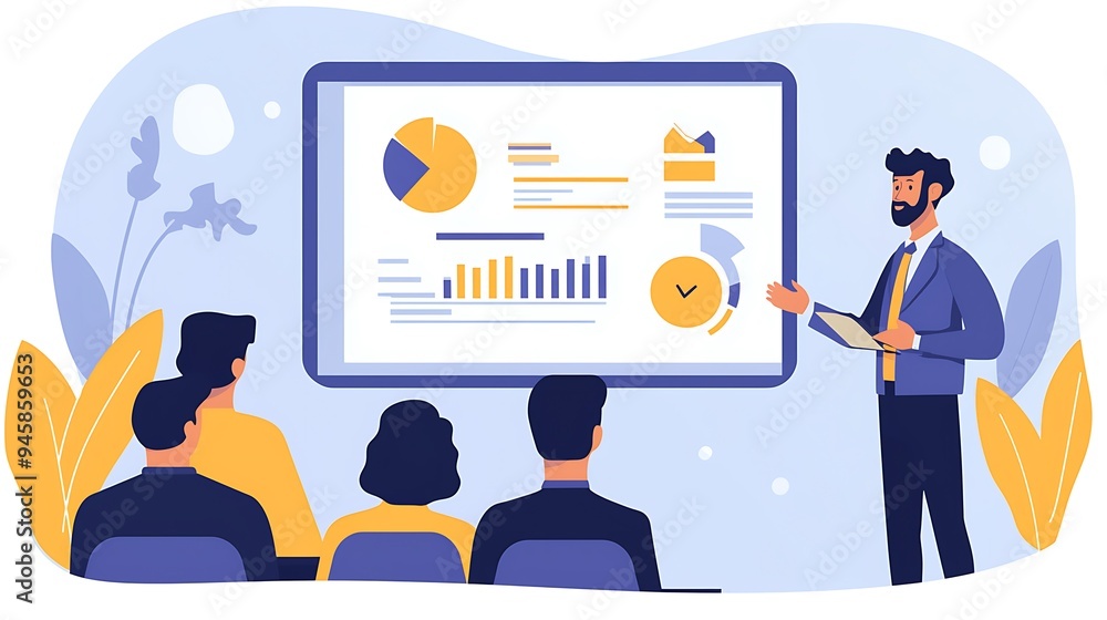 Poster a business presentation enhanced by data visualization and charts.