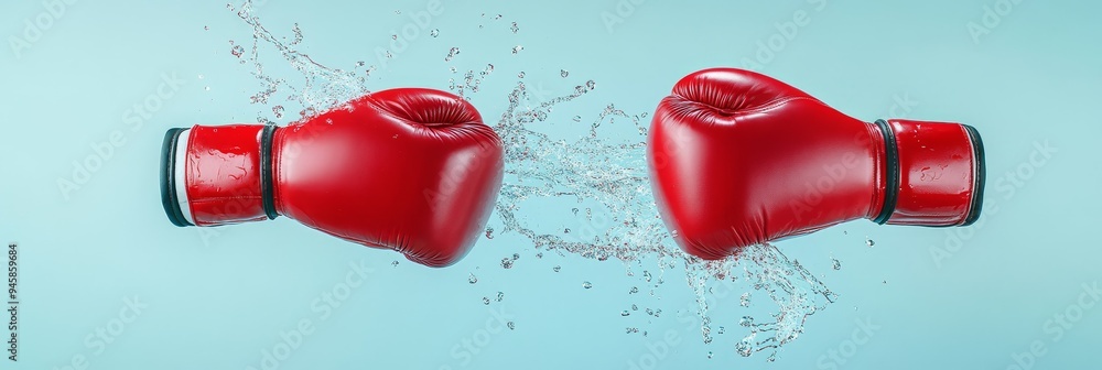 Wall mural two red boxing gloves collide, creating a dramatic splash of water. this image symbolizes competitio