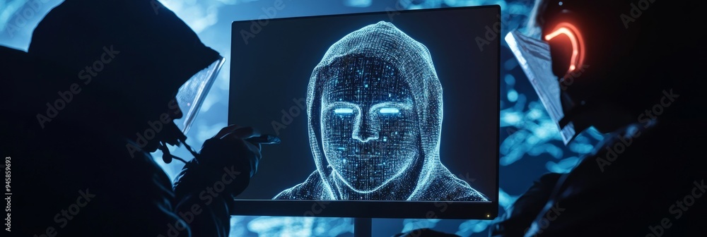 Poster two hooded figures, possibly hackers, examine a computer screen displaying a digitized face. the ima