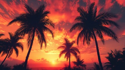 Obraz premium Palm trees silhouetted against a vibrant, fiery sunset, with warm orange and red hues filling the sky, creating a tropical paradise vibe.