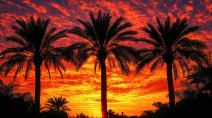 Obraz premium Palm trees silhouetted against a vibrant, fiery sunset, with warm orange and red hues filling the sky, creating a tropical paradise vibe.