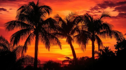 Obraz premium Palm trees silhouetted against a vibrant, fiery sunset, with warm orange and red hues filling the sky, creating a tropical paradise vibe.