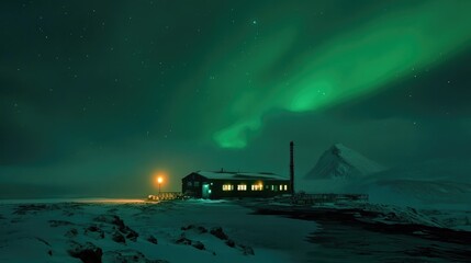 Naklejka premium The aurora australis lighting up the night sky above a remote research station in Antarctica, casting an eerie green glow.