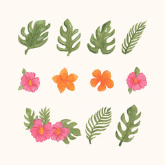 Watercolor Pink Flower Arrangement Set with watercolor leaves