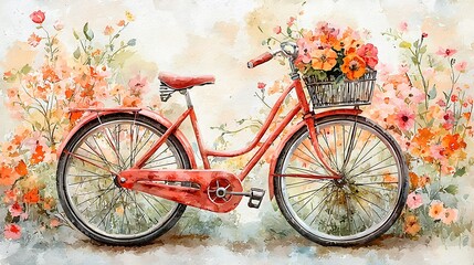 Fototapeta premium A vintage red bicycle with a basket of flowers in a charming watercolor style.