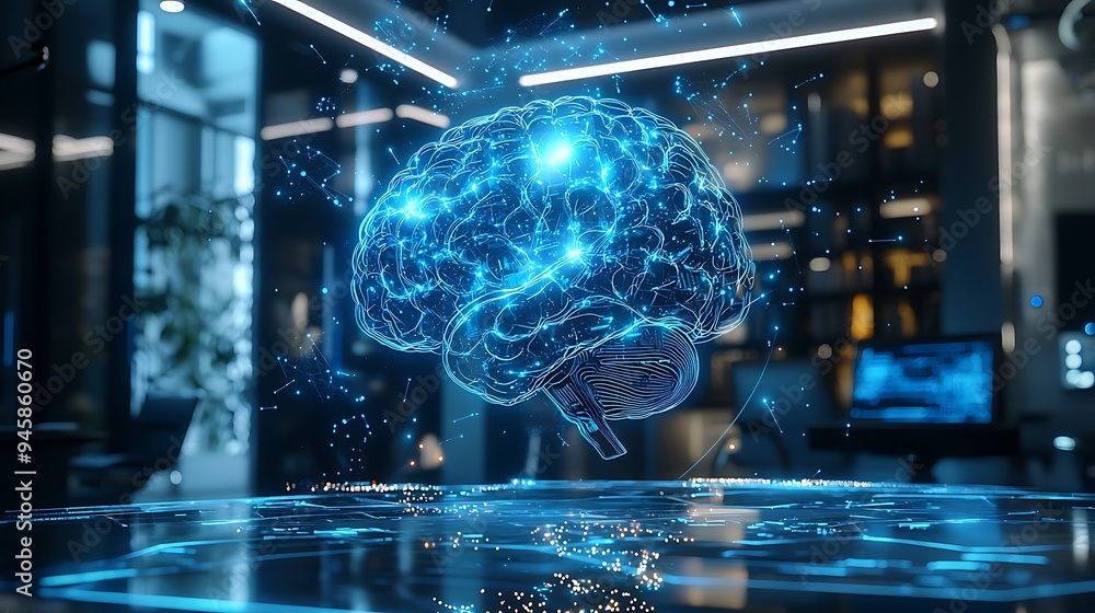Poster a digital brain hologram with intricate circuitry in a modern office setting.