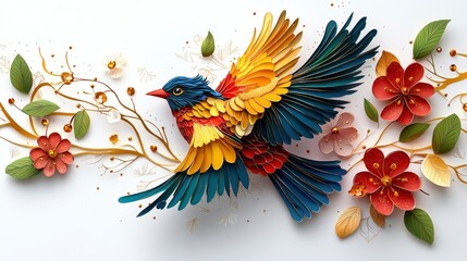 Obraz premium Papercraft Bird with Flowers