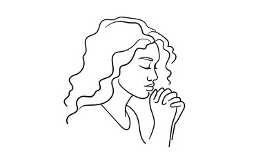 Girl praying with folded hands continuous line art drawing isolated on white background. Christian. Vector illustration
