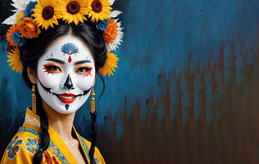 oil painting illustration of  Close-up portrait woman with skull face make up. Dia de Muertos