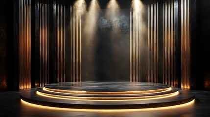 A sleek black and gold stage with illuminated steps and focused spotlights.