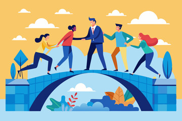 Build business bridge connect path together, solution or teamwork idea, cooperation or collaboration to success together concept, business people team help building the bridge to connect the way. 
