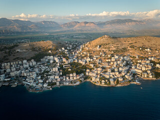 Aerial panorama of Sarande (aka Saranda), Albania. Photo taken with drone at sunset