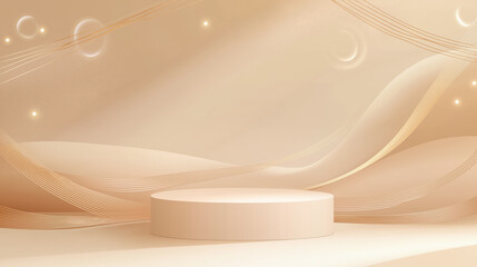 Empty beige round product display podium on a soft wavy lines background 