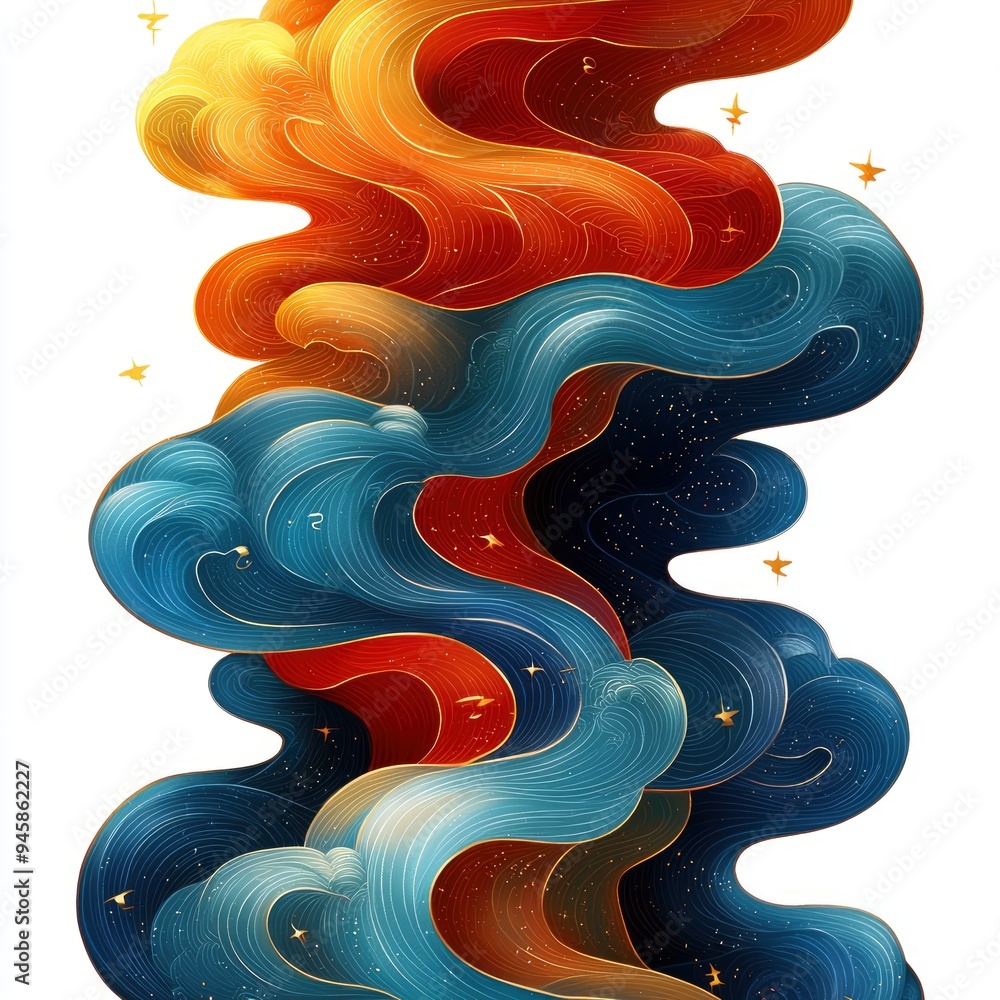 Poster Abstract Swirling Watercolor Pattern in Blue, Red, and Gold