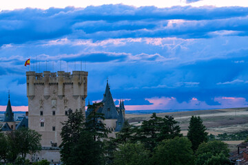 Alcazar and Castle of Segovia during rainy sunset, spain, castilla and leon